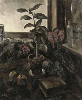 Toon Kelder - A plant with red flowers near a window