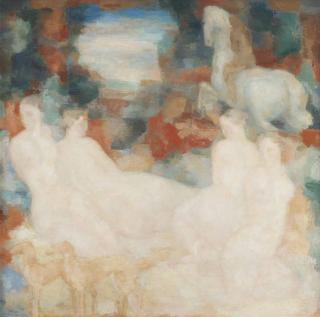 Toon Kelder - Four nudes, a violin player and horses
