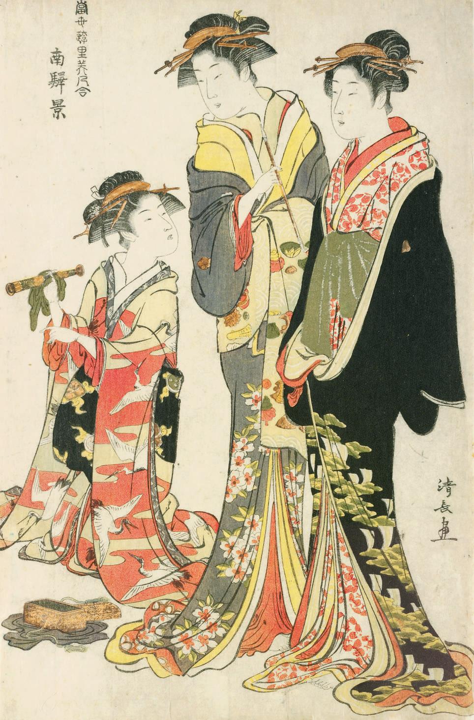 Torii Kiyonaga - A design from the series Tosei yuri bijin awase [Collection of beauties of the pleasure quarters], signed Kiyonaga ga, good impression and colour, soiled and rubbed