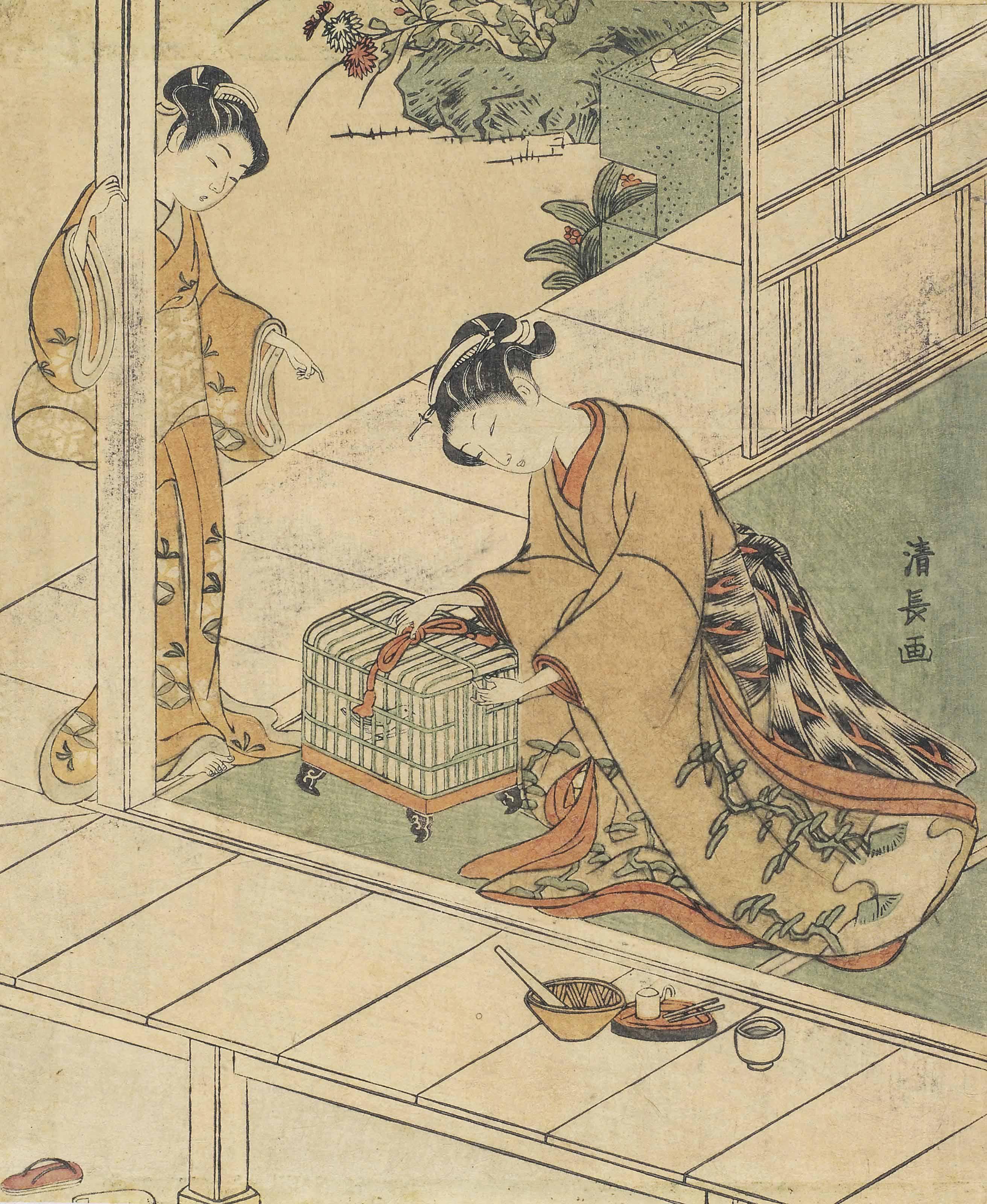 Torii Kiyonaga - A young woman tending to her bird on a veranda, a young girl next to her, signed Kiyonaga ga