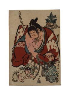 Torii Kiyonaga - Kintaro makes three demons draw lots in the New Year