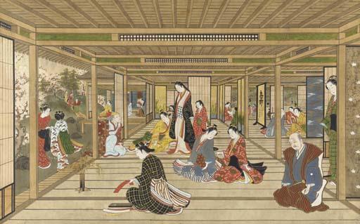 Torii Kiyonobu II - Perspective View of Amusements In An Interior