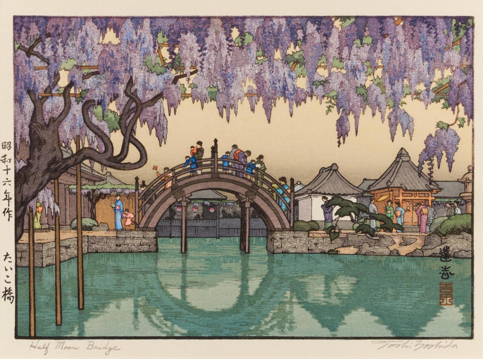 Toshi Yoshida - Holzschnitt: Half Moon Bridge.