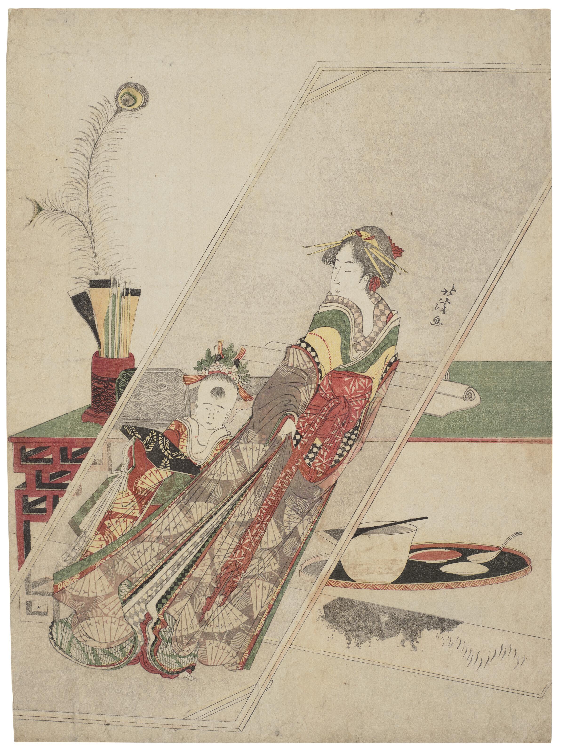 Totoya Hokkei - Still life in an artist\'s studio with a portrait of a courtesan