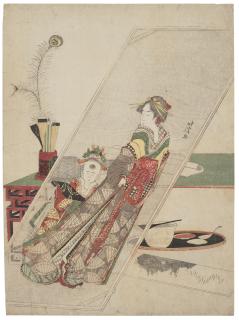 Totoya Hokkei - Still life in an artist\'s studio with a portrait of a courtesan