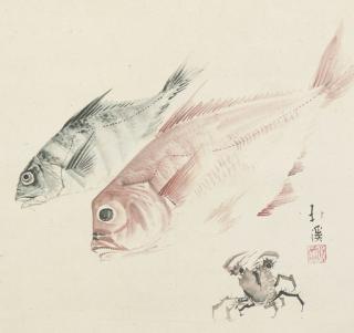 Totoya Hokkei - Still life of fish and crab