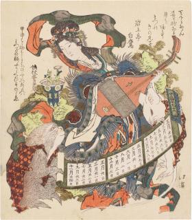 Totoya Hokkei - The Deva Benzaiten with a Monkey and a Rat