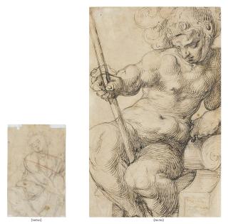 Toussaint Dubreuil - Mars enthroned, wearing a plumed helmet and holding a spear (recto); A male nude playing a viola da gamba (verso)