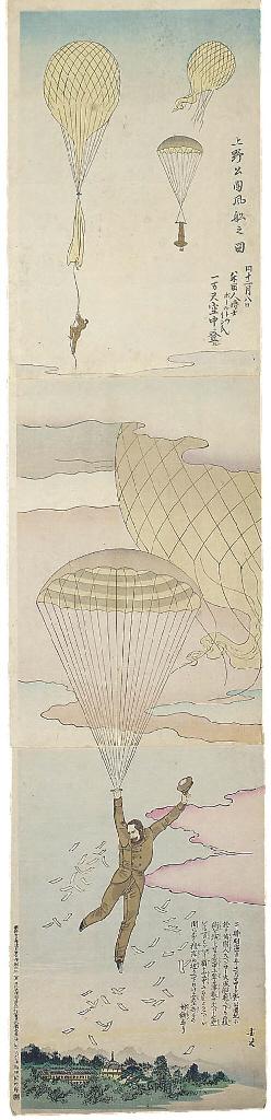 Toyohara Chikanobu - Picture of ballooning in Ueno park: the intrepid Englishman Spencer descending by parachute on 24 November 1890