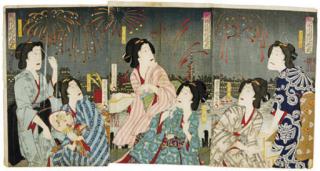 Toyohara Kunichika - A Japanese Wood-Block Print Triptych of Beauties Watching Fireworks,