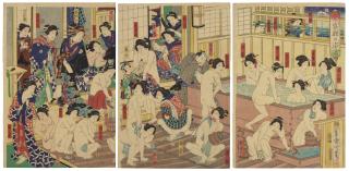 Toyohara Kunichika - Zensei sato no sugata yu (Bath house of the pleasure quarter in all its glory)