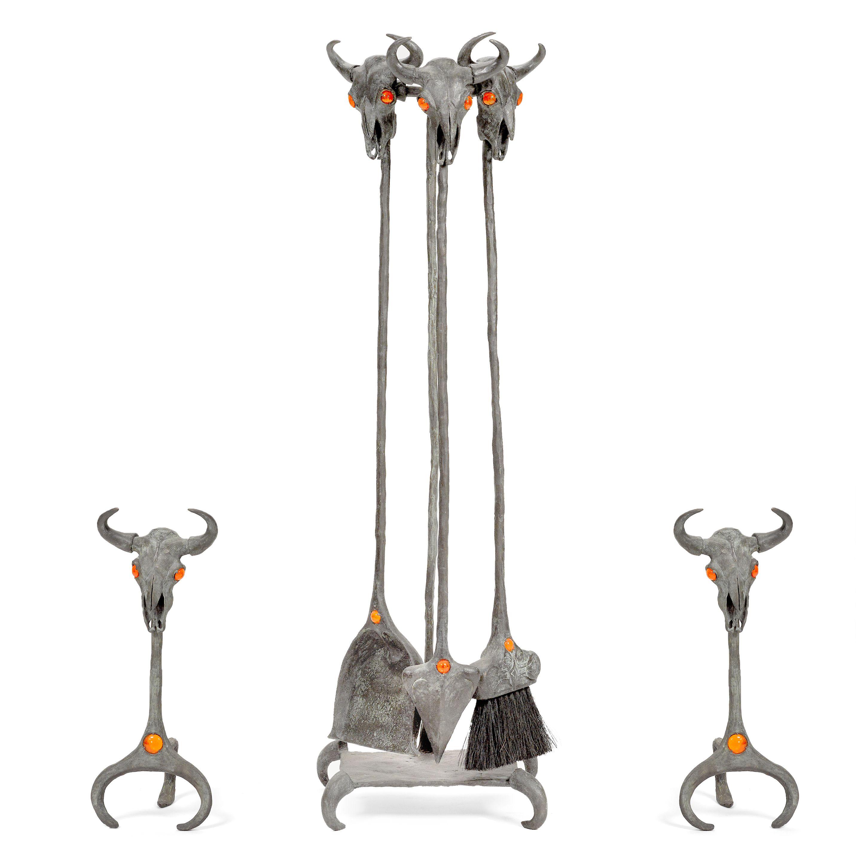 Tracy Beeler - Six piece fireplace tool set and pair of andirons