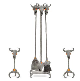 Tracy Beeler - Six piece fireplace tool set and pair of andirons