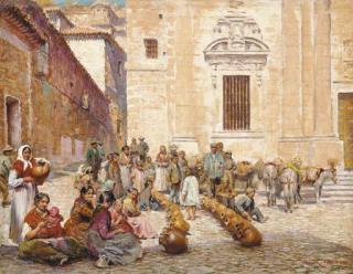 Trevor Haddon - Figures in a sunlit spanish square