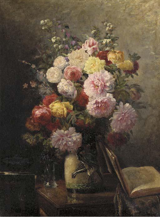 Tristan Lacroix - Pink, Red and Yellow Roses in a ceramic Jug in an Interior