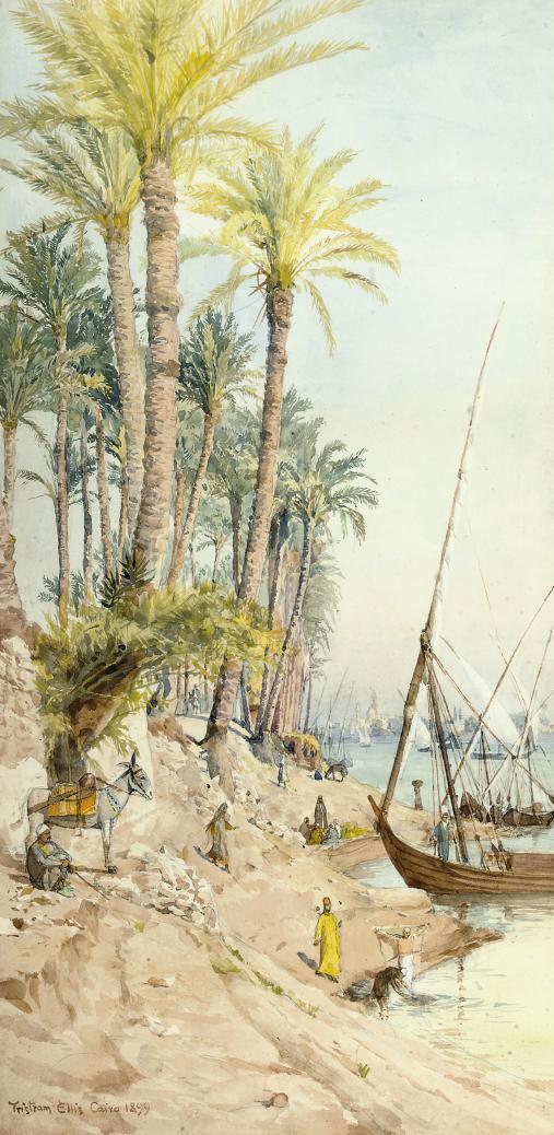 Tristram James Ellis - Washing clothes on the Nile at Cairo, with feluccas