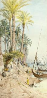 Tristram James Ellis - Washing clothes on the Nile at Cairo, with feluccas