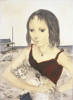 Tsuguharu Foujita - Jeune fille avec son chat sur la plage