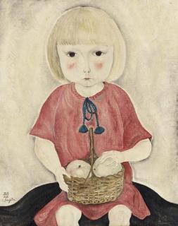Tsuguharu Foujita - Petit Fille À la Robe Rouge Et Au Panier de Pommes