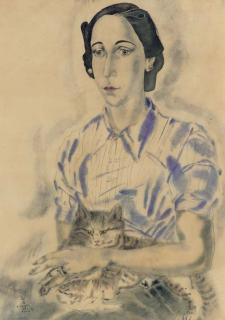 Tsuguharu Foujita - Portrait de femme assise avec chat