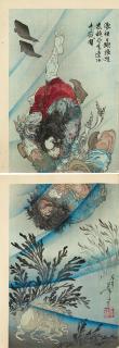 Tsukioka Yoshitoshi - Cho Jun, the White Stripe in the Waves, Wrestling in the River with Ri Ki, the Black Whirlwind (Ronhakucho Chojun kokusempu Riki kochu ni tatakau no zu)
