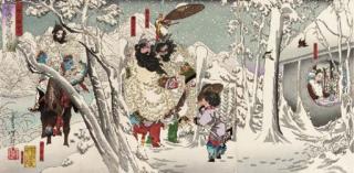 Tsukioka Yoshitoshi - Gentoku fusetsu ni komei o tazunou (Gentoku visiting Komei in the snow), from the series Sangokushi zue no uchi (Illustrated history of the Three Kingdoms)