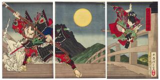 Tsukioka Yoshitoshi - Gikeiki Gojobashi no zu (Yoshitsune and Benkei fighting on Gojo Bridge)