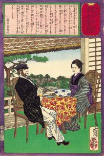 Tsukioka Yoshitoshi - The gardener\'s daughter Okiyo meeting a foreigner who desired her to be his concubine, from the series Yubin hochi shinbun (Postal News), number 661