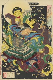 Tsukioka Yoshitoshi - Toki Motosada Hurling a Demon King to the Ground