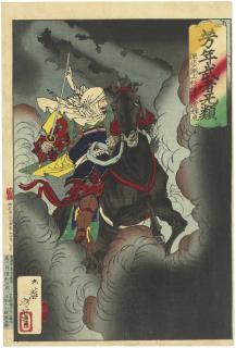 Tsukioka Yoshitoshi - Uesugi no Terutora (Kenshin), riding into battle through clouds of smoke