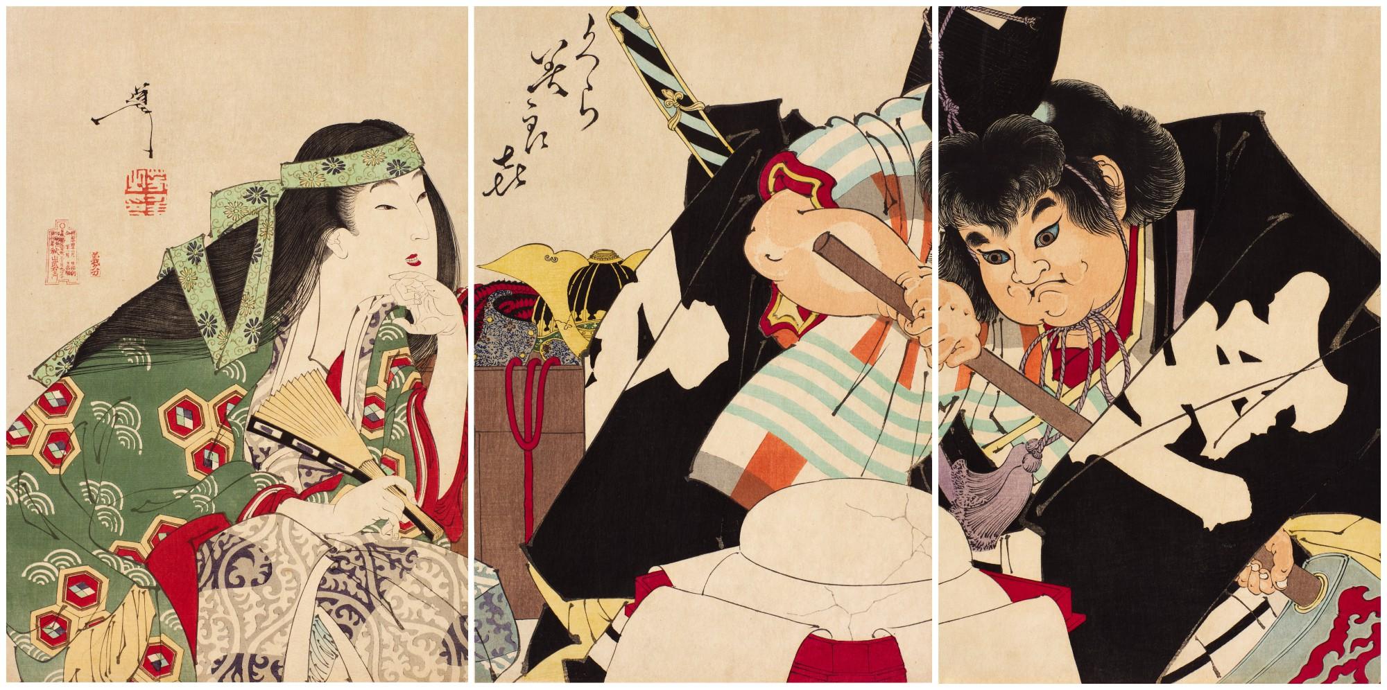 Tsukioka Yoshitoshi - Yamauba and Kintaro breaking open the Storehouse (Kura biraki)