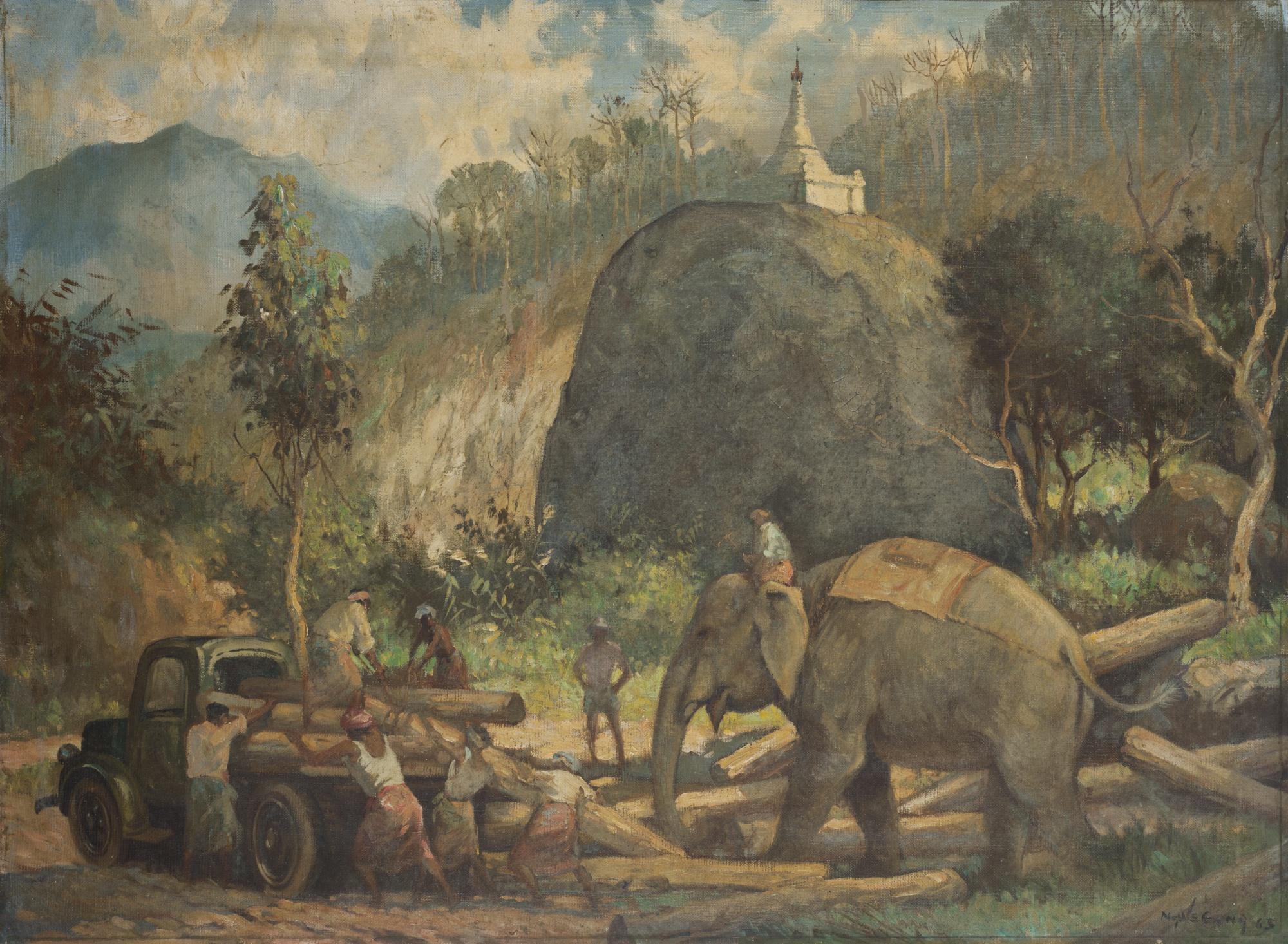 U Ngwe Gaing - Elephants And Trucks With Logs