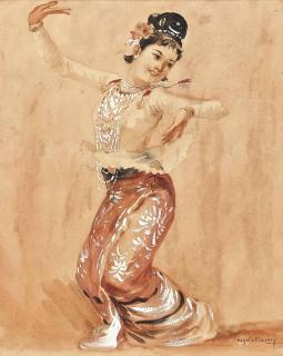 U Ngwe Gaing - Two studies of Burmese dancers; and a View of the Shwedagon Pagoda