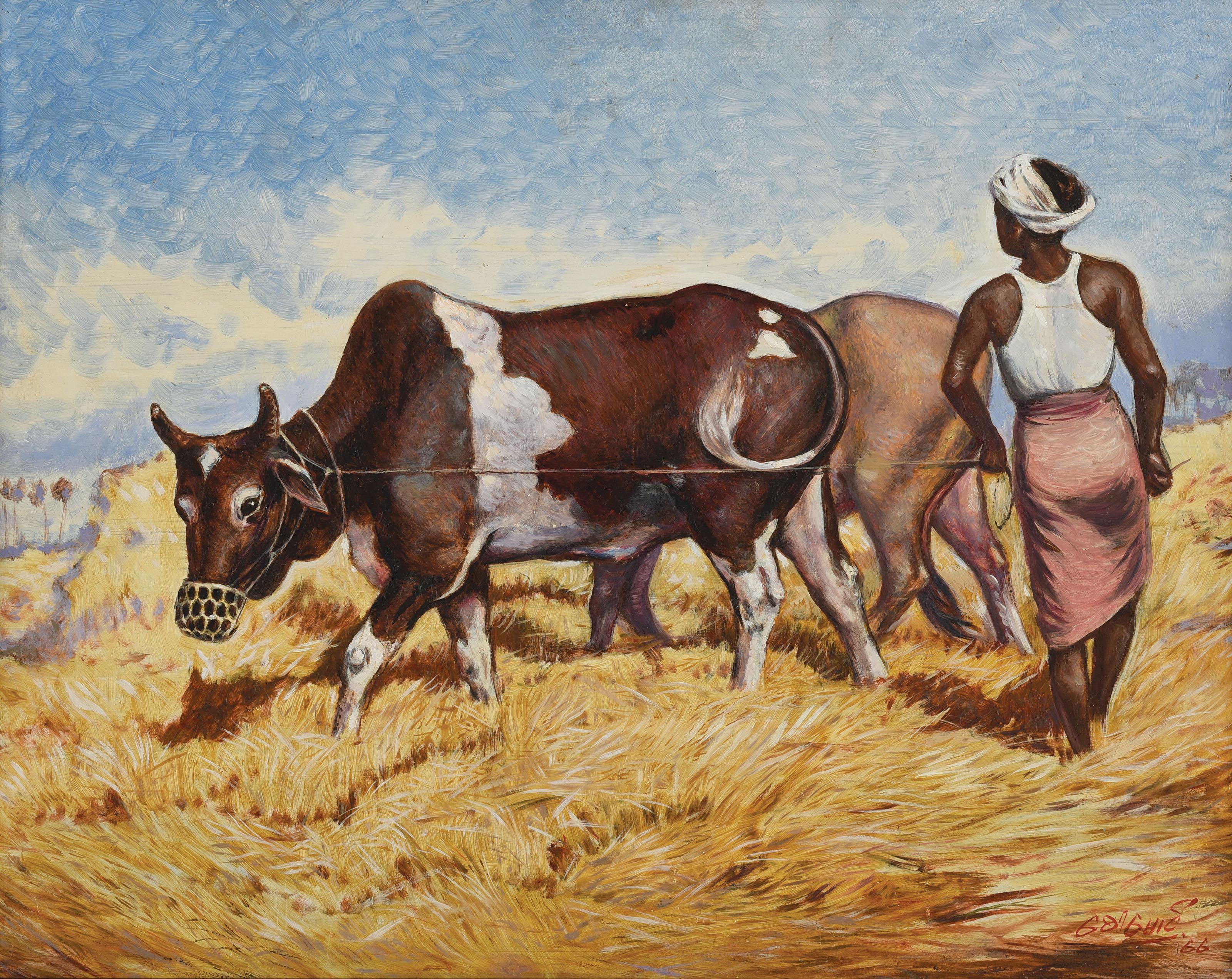 U Saw Maung - Man In Pink Sarong Tending Buffalo