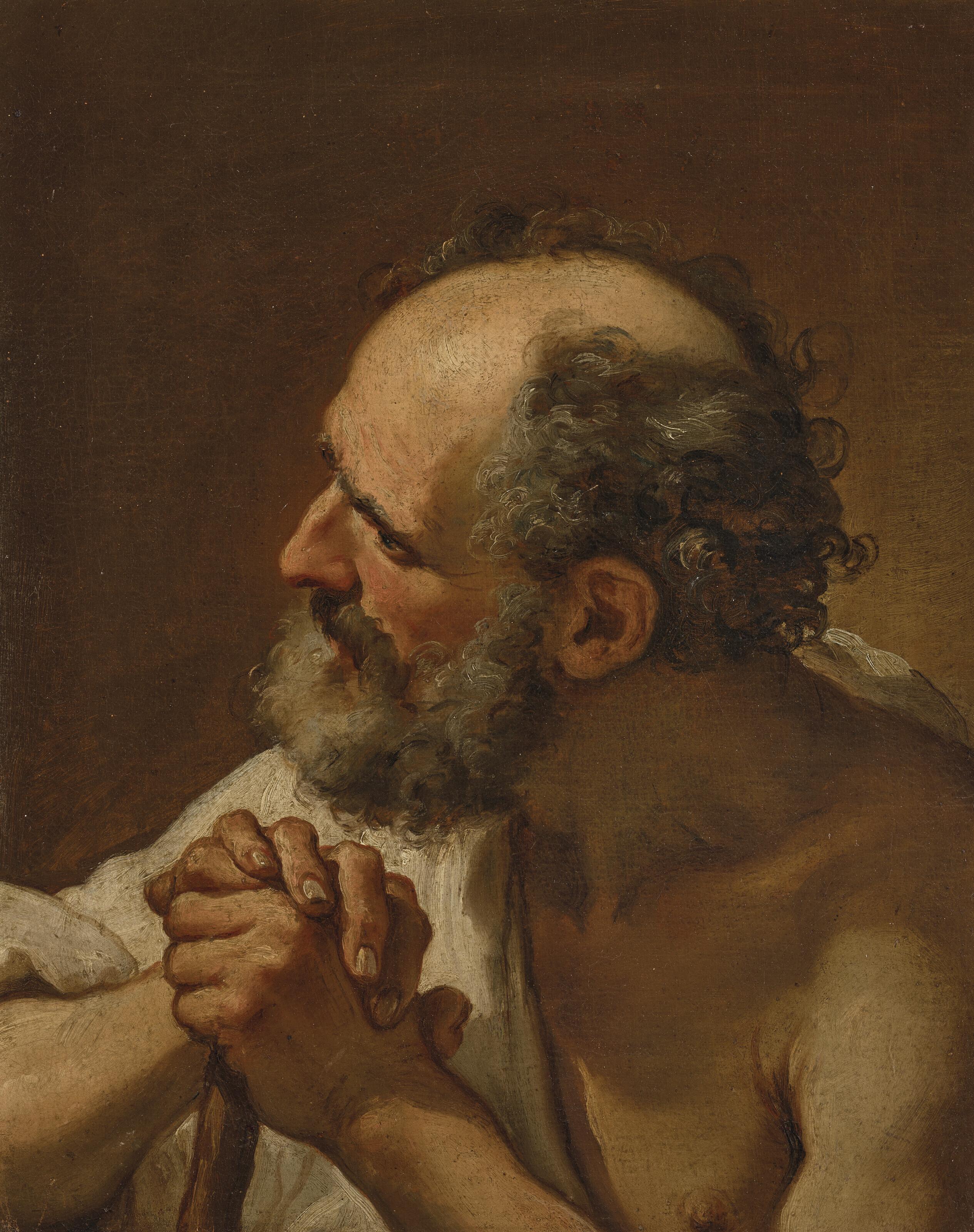 Ubaldo Gandolfi - A bearded man, bust-length, his hands resting on a wooden staff