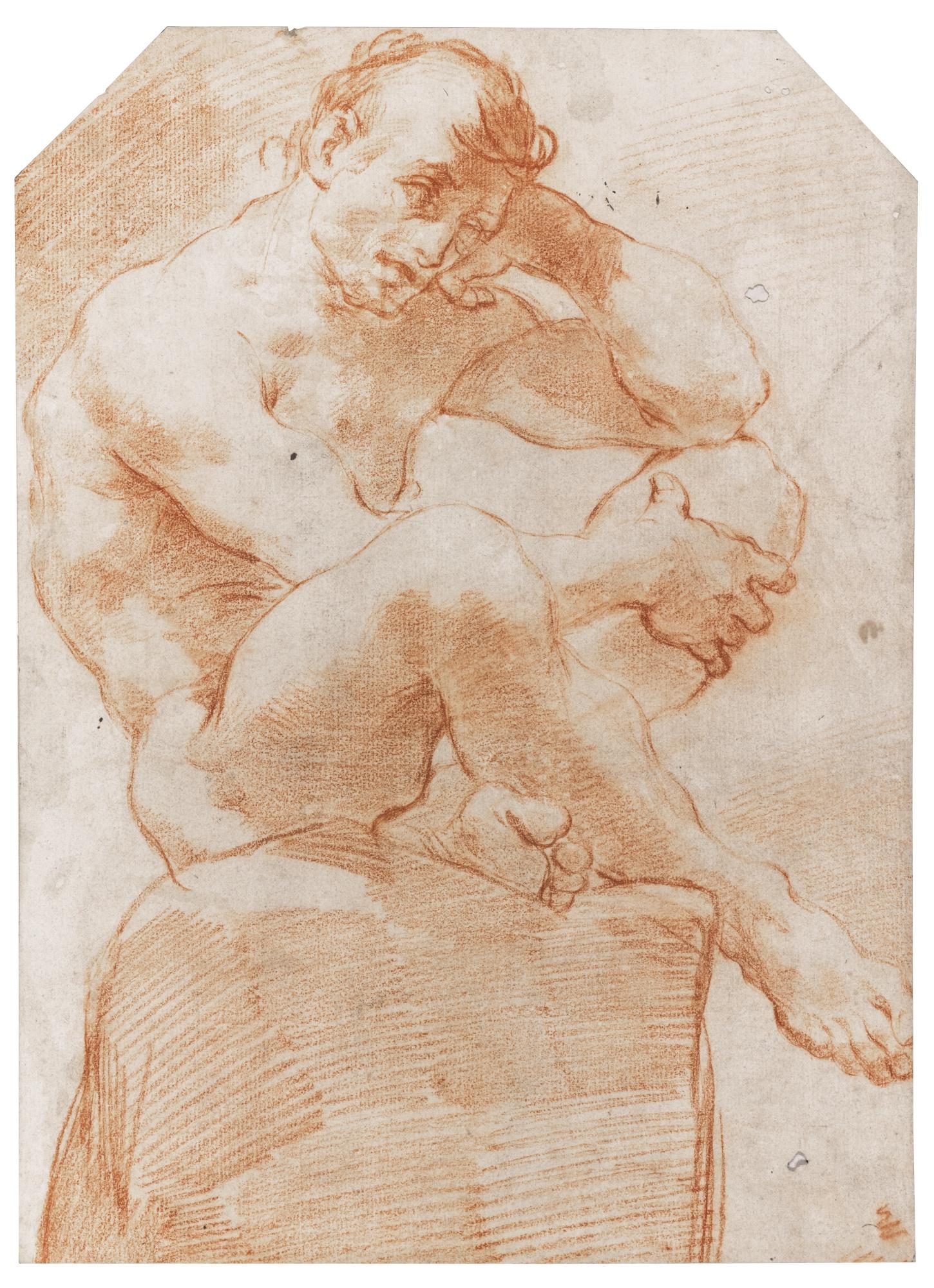 Ubaldo Gandolfi - Academy Study: Nude Man Seated On A Boulder