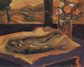 Ugo Attardi - Interno con pesci e vaso di fiori