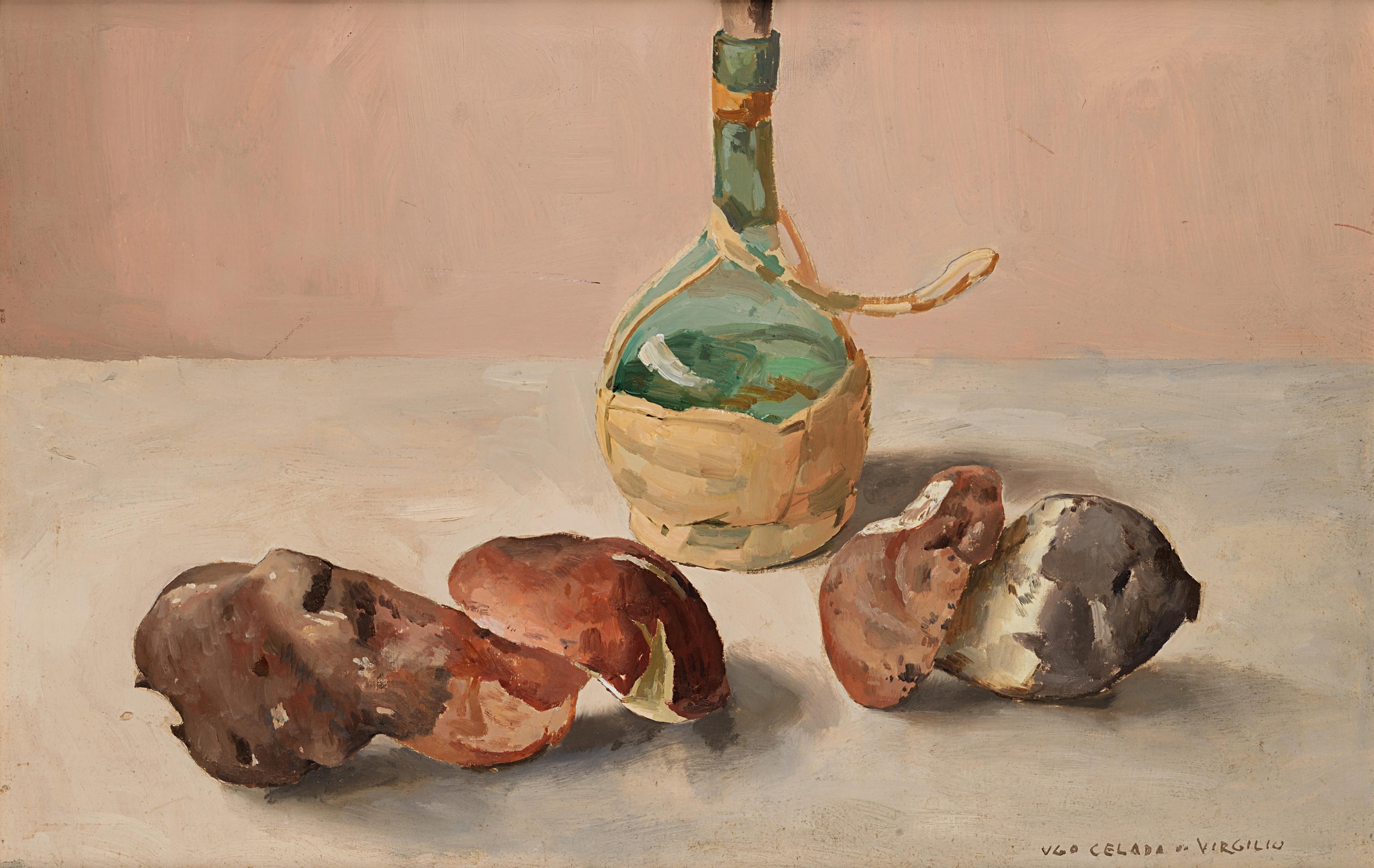 Ugo Celada da Virgilio - Composizione con fiasco e funghi