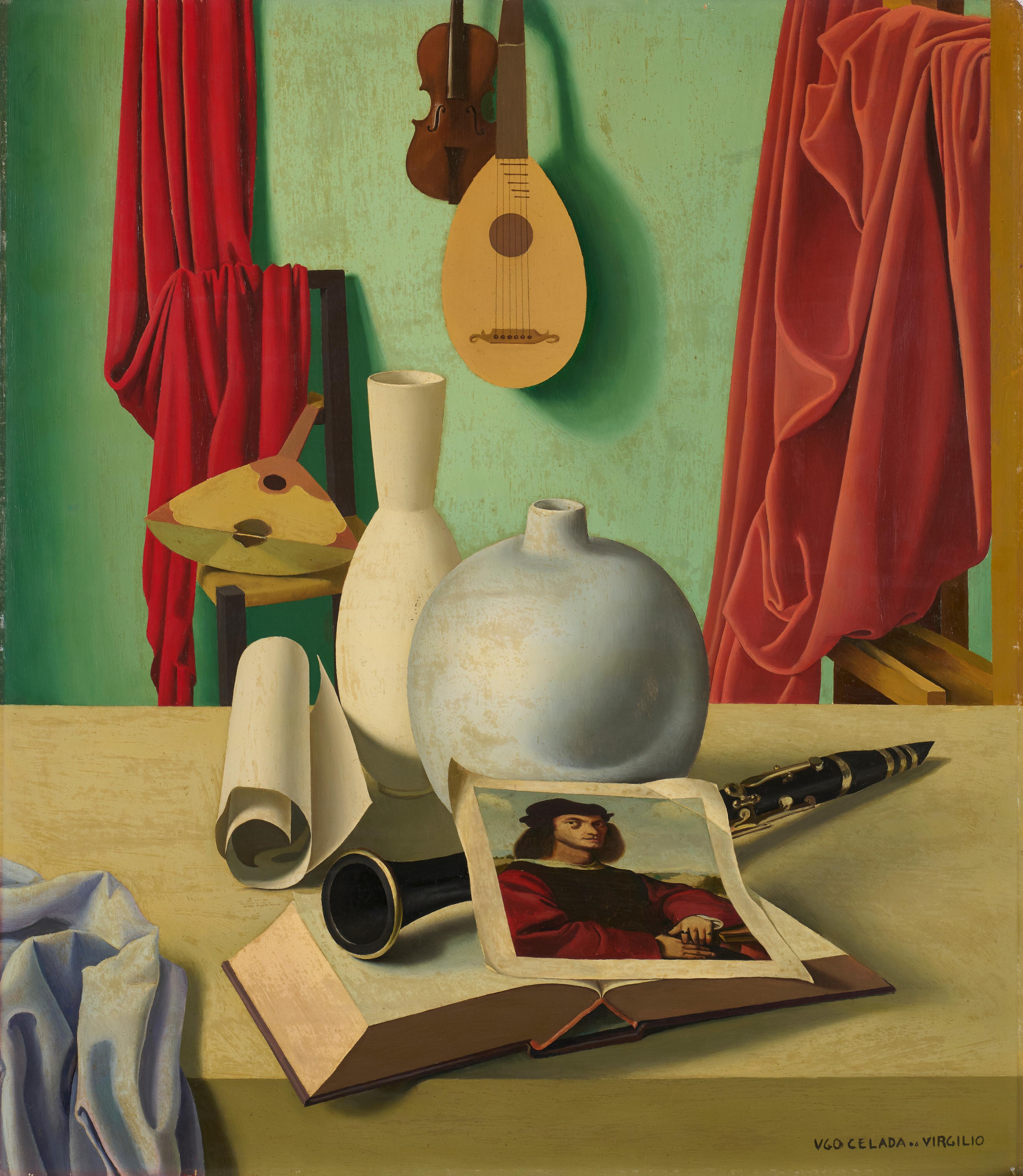 Ugo Celada da Virgilio - Composizione con strumenti musicali, vasi e ritratto di Raffaello