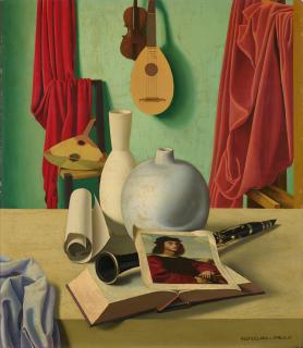 Ugo Celada da Virgilio - Composizione con strumenti musicali, vasi e ritratto di Raffaello