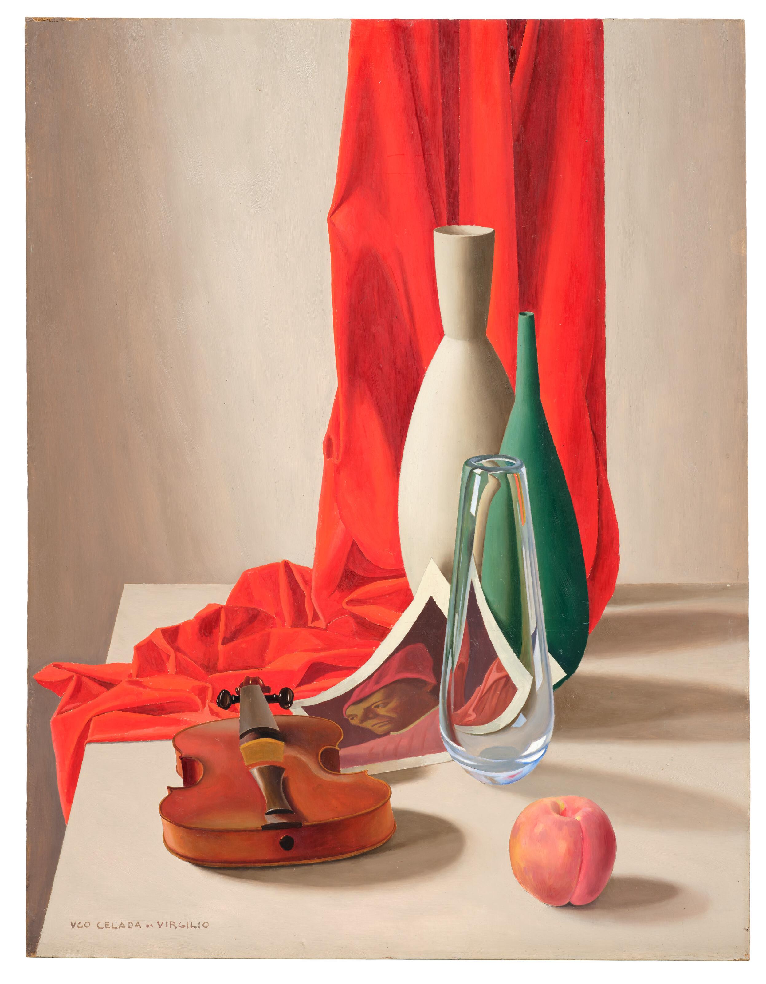 Ugo Celada da Virgilio - Natura morta con vasi, violino, pesca e fotografia di un dipinto