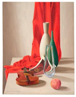 Ugo Celada da Virgilio - Natura morta con vasi, violino, pesca e fotografia di un dipinto