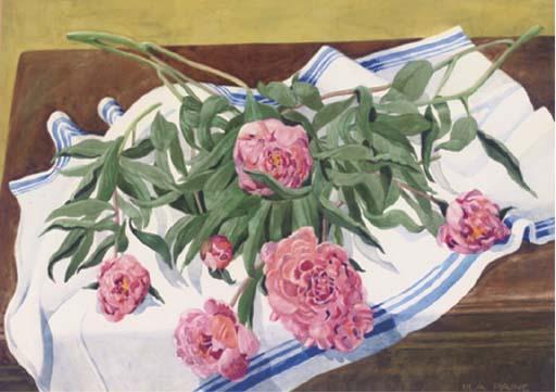 Ula Paine - Peonies; Swan passing the moored boats; and Family playing in the park