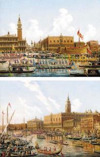 Umberto Ongania - Decorated gondolas in the Bacino di San Marco