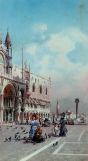 Umberto Ongania - Feeding the pigeons on the Piazzetta, Venice