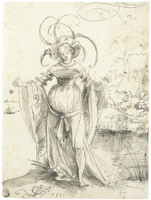 Urs Graf - A woman wearing a plumed hat, a landscape beyond