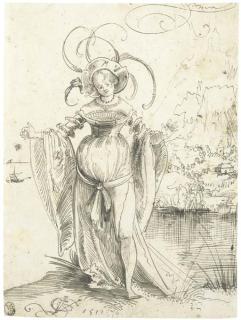 Urs Graf - A woman wearing a plumed hat, a landscape beyond