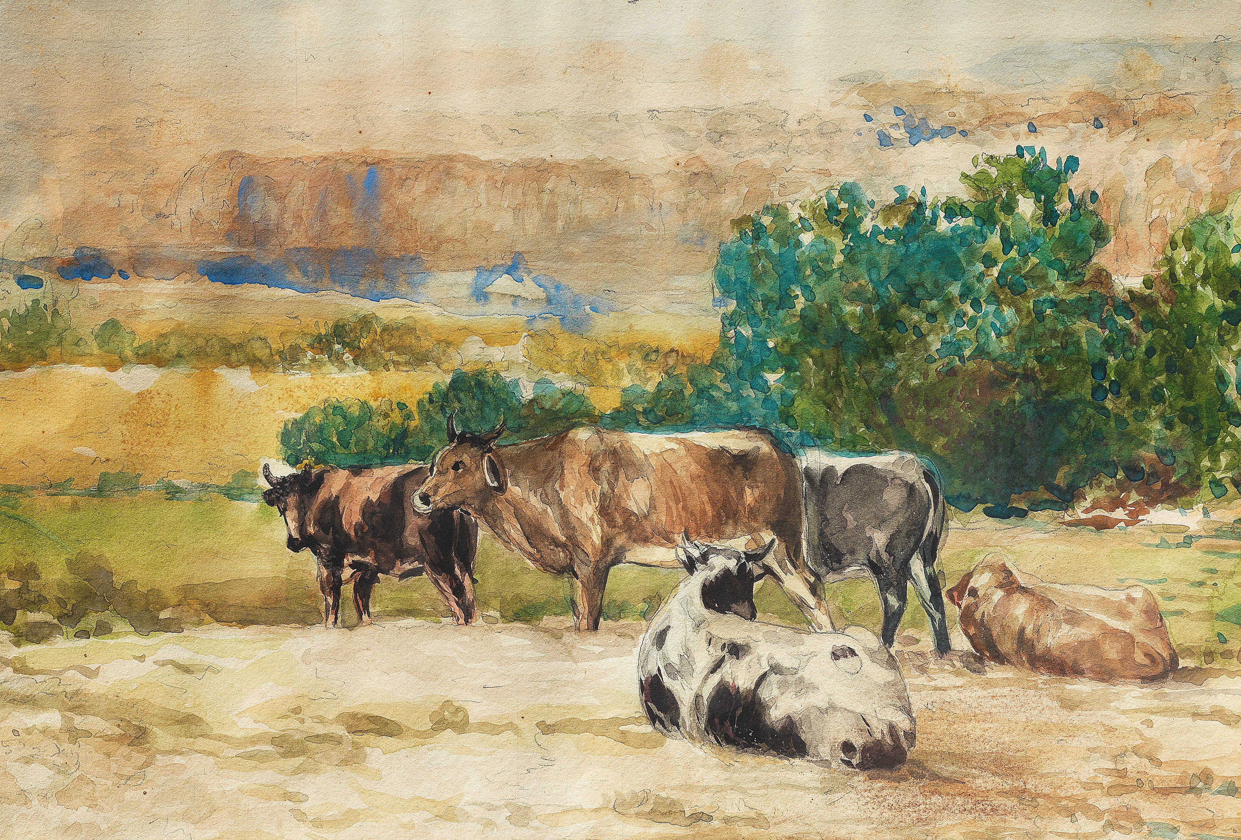 Ustad Allah Bux - Cows In Landscape