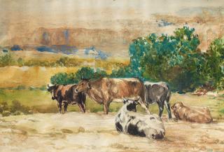 Ustad Allah Bux - Cows In Landscape