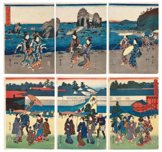 Utagawa Hiroshige I - TWO TRIPTYCHS: VIEW OF FUTAMIGAURA (FUTAMIGAURA NO ZU) AND KASUMIGASEKI